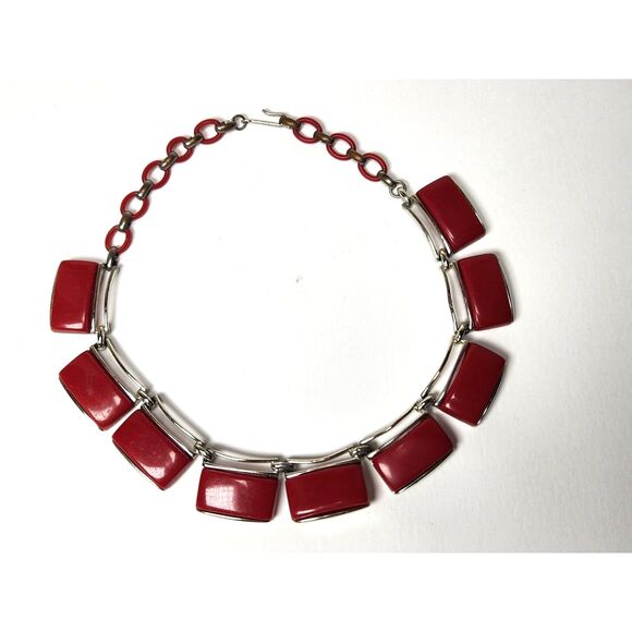 Vintage Lisner Red Thermoset Necklace Silver Tone Retro Statement Choker - Picture 5 of 7